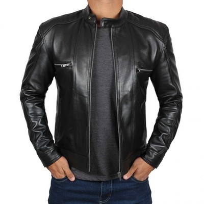 Black Café Racer Genuine Lambskin Leather Jacket for Men