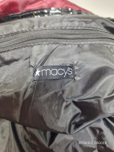 Macy's Large Fabric Tote Bag Burgundy Zip Closure Inside Pocket Black Bottom - Picture 10 of 12