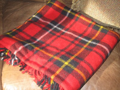 Vintage Wool Stadium Blanket- Red Plaid Throw 55''x60'' w/Carry Case