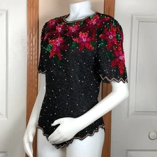 Vintage Lawrence Kazar Womens Beaded Top Size Small Christmas Poinsettia Sequins