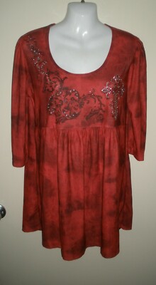#360 XL Lady Noiz Blood Red Tunic boho Peasant Cross Faith Bling Embellish