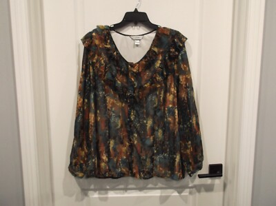 NWOT CJ Banks womens 2x long sleeve round neck button down blouse green brown