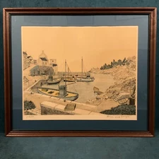Vintage Lithograph "Le Vieux Port" Pencil Signed By Denis Paul Noyer with COA