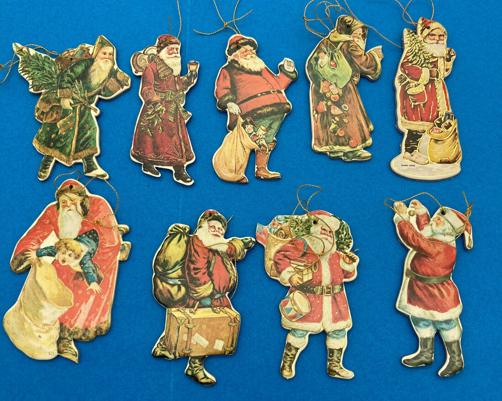Vtg 9 Merrimack Die Cut cutouts Santa Claus Double Sided Flat Christmas ornament