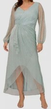 Adrianna Papell Women's Blue Metallic Mesh Bishop-Sleeve Dress Plus Size 14W