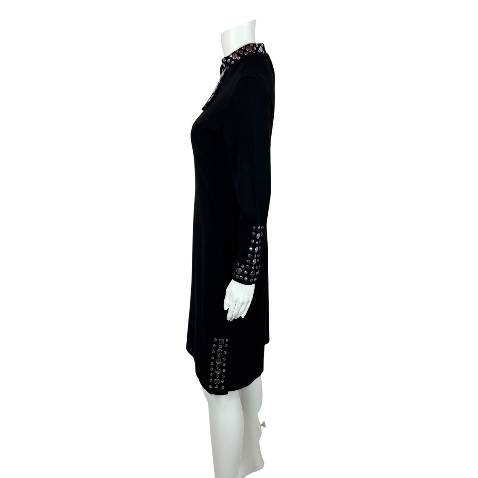 Vintage 60s Studded Dress Women's Extra Small Black Wool Silver Bow Neck Mod image 7