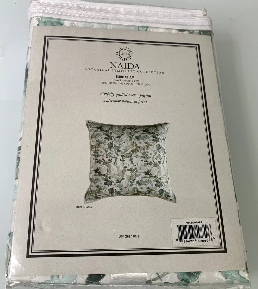 Naida Pillow Sham от Surya Euro стеганая белая бирюзовая растительная NDA2000-ES - Изображение 4 из 4
