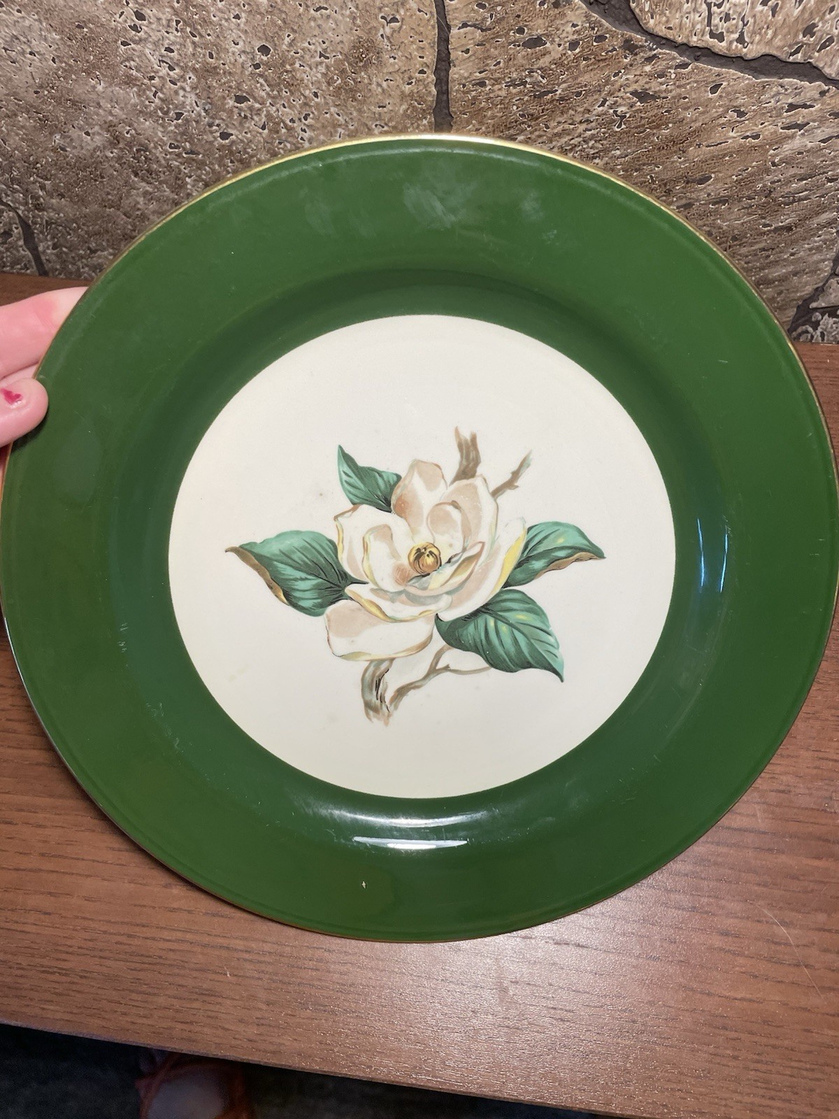 Green Rim Floral Magnolia Ceramic Round Plate, Glossy Finish, White/Green