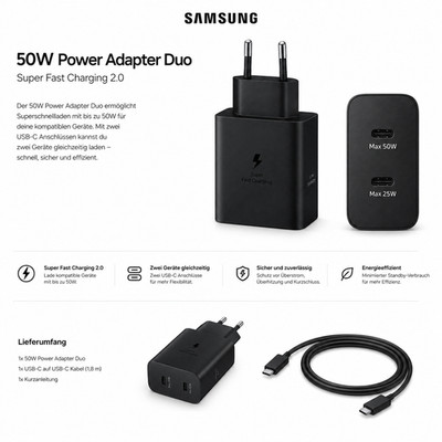 Samsung Original 50W Duo Netzteil + USB-C 1.8m Schnellladekabel Super Fast