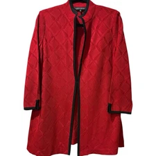Ming Wang Red Diamond Textured Knit Long Jacket w/ Black Trim | Size Medium $349