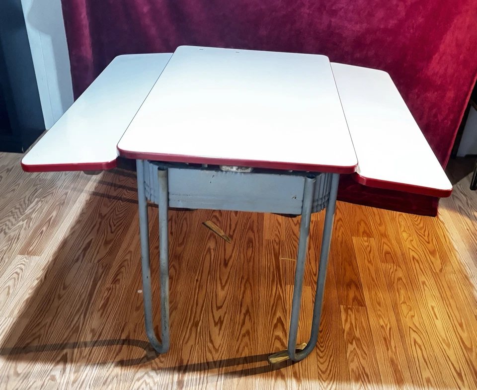Antique Red And White Porcelain Enamel Extension Table - Image 3 of 4