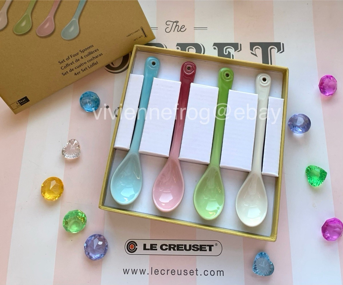 LE CREUSET BLUE PINK WHITE GREEN CAFE TEASPOONS TEA SPOONS SET @ 4