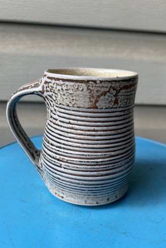 Vintage Brown Ripple Tan Primitive Rustic Studio Art Pottery Mug 14oz Signed