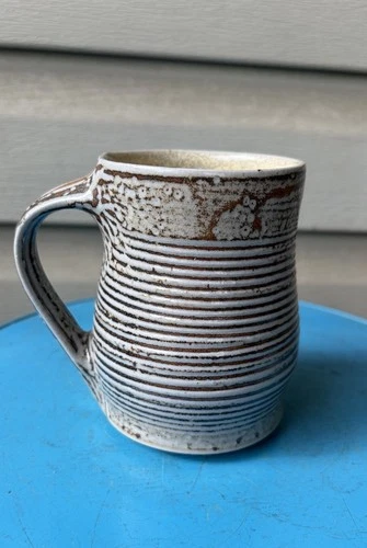 Vintage Cream Brown Ripple Primitive Rustic Studio Art Pottery Mug 14oz Signed