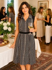 Tory Burch Midi Dress BLK WHT Polka Dot Sleeveless Collar Sz 10 Garden Luncheon