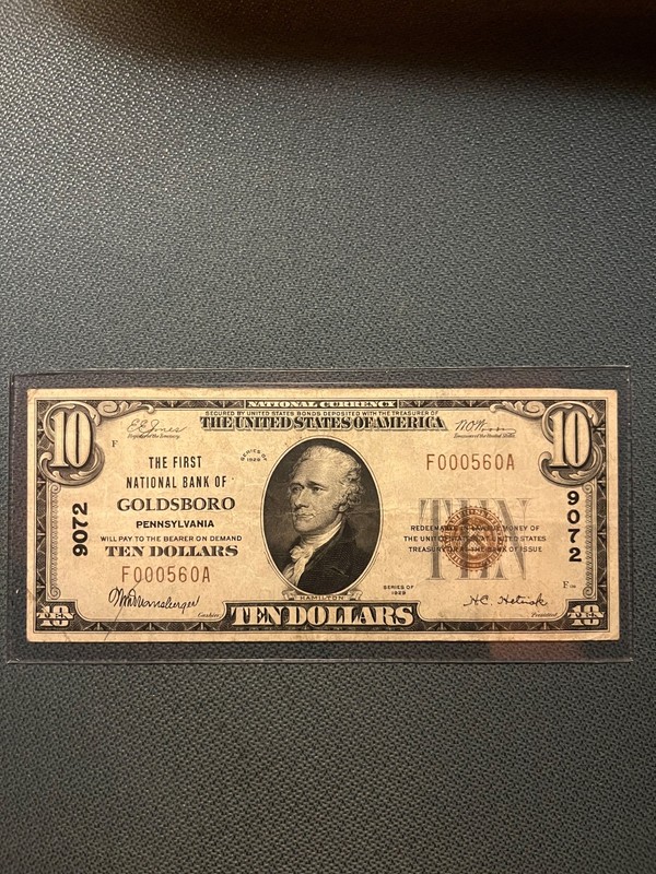 The First National Bank of Goldsboro PA $10 rare York County PA Currency