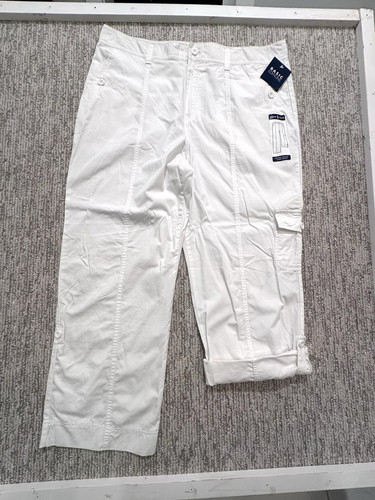 NEW WOMEN BASIC EDITIONS WHITE CAPRI CARGO CROP ZIPPER COTTON ZIP PANTS 18