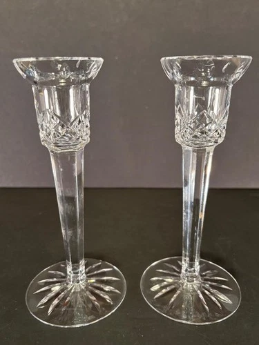 2 VINTAGE WATERFORD SIGNED CRYSTAL LISMORE 7" CANDLESTICK HOLDERS