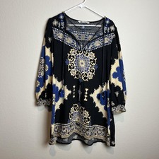 Zara Dress Womens Large Black Floral Beaded Tassel V Neck Shift Boho Festival