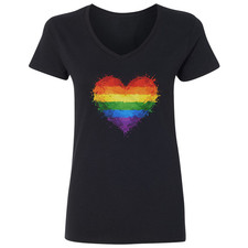 Rainbow Heart Graphic LGBT Pride Month Tribute Ladies' V-Neck Tshirt