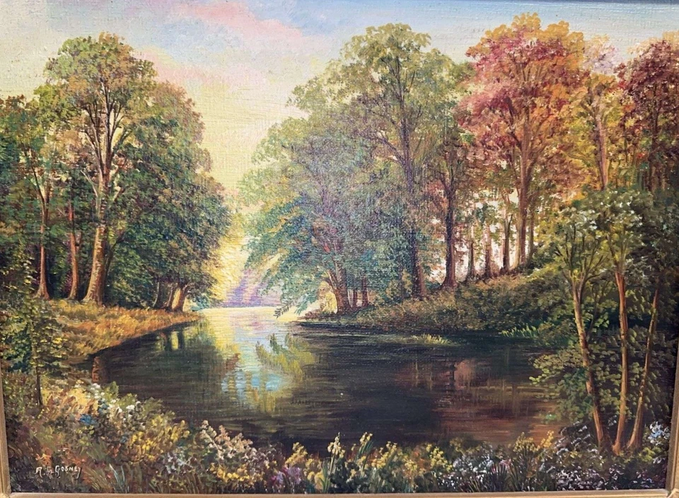 Antigua pintura de paisaje enmarcada sobre lienzo marco dorado ornamentado firmada-15” H x 19” l Foto 2 de 4