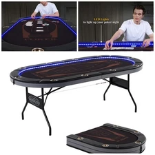 Poker Table 10Player LED Texas Holdem Game Folding Casino Leg Cup Holders Metal