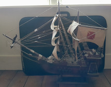 Wooden model sailing ship, string Ropes, canvas sails, 2 lifeboats, anchor
