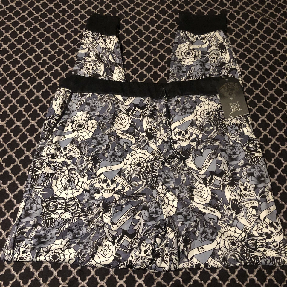 Pantalones de pijama Ed Hardy Jogger Lounge tatuaje estampado de calavera azul para mujer talla XL T6 Foto 3 de 4