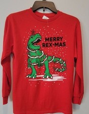 Boy's Christmas Long-Sleeve Tee Dinosaur Merry Rex-Mas size M Red