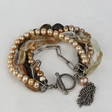 Silpada Silver Pearl And Smoky Beads Multi-Strand Tassel Bracelet Toggle Clasp