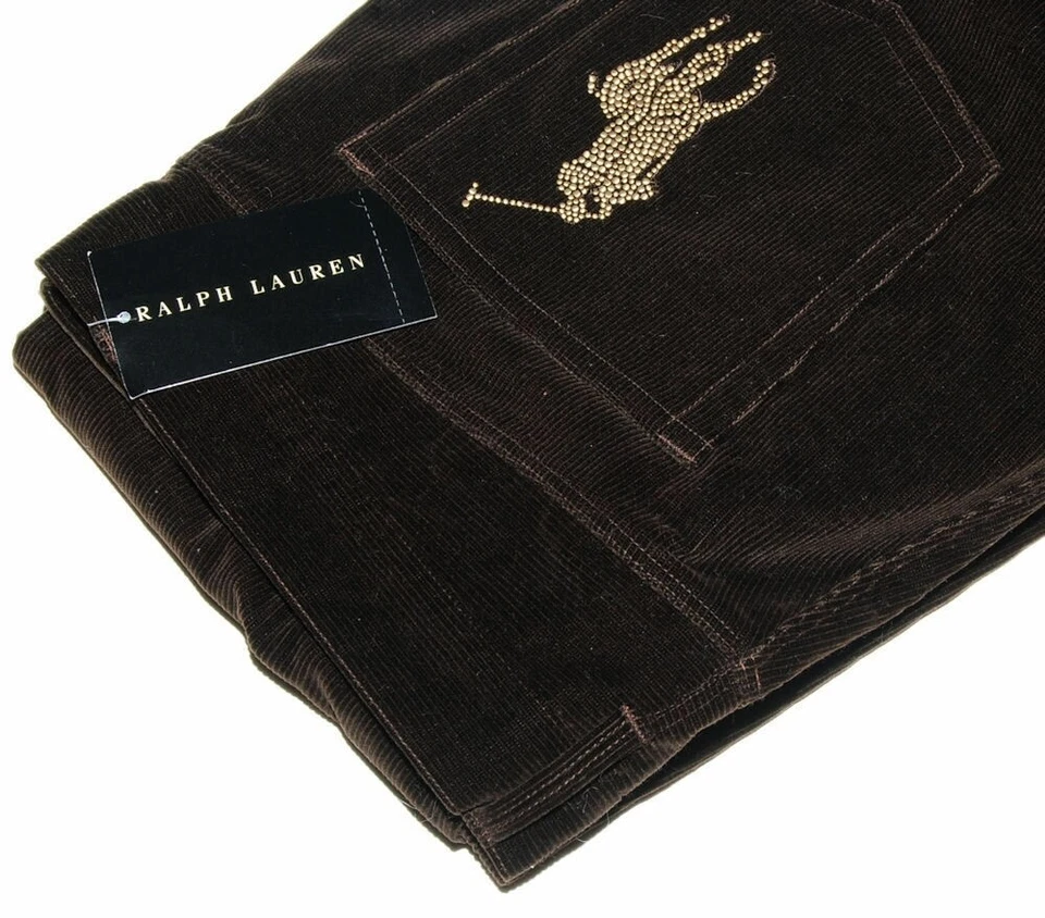 $498 Ralph Lauren Womens Gold Big Pony Corduroy Bootcut Stretch Pants Brown 12