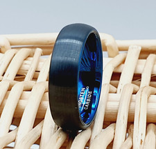 Men's Comfort Fit Tungsten Carbide Wedding Ring Blue Black Brushed Dome Band