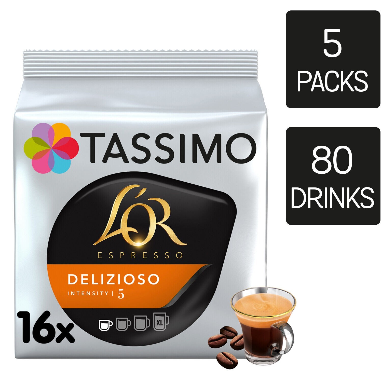 Tassimo L'Or Delizioso Pack of 5 Coffee Pods (Total: 80 Pods, 80 Drinks)