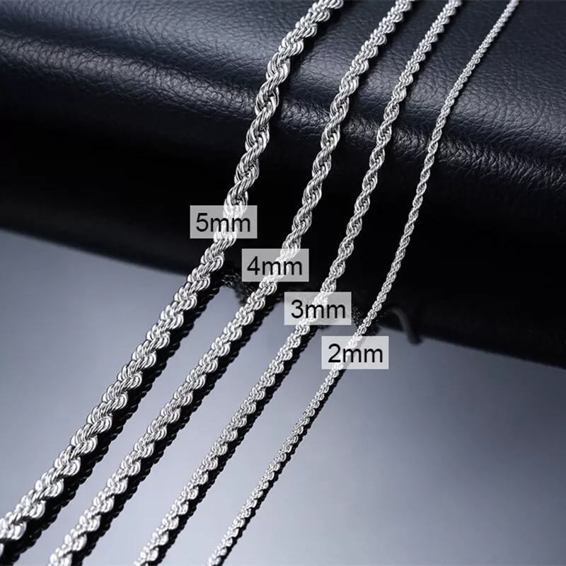 Solid Silver 2-5MM Twisted Rope Chain Necklace 16 - 36 Mens Womens  Necklace