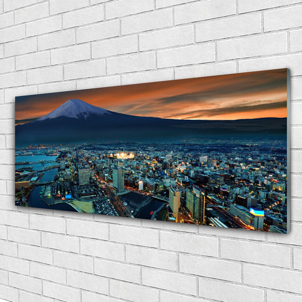 Tableau acrylique ville et montagnes grand format pour salon design