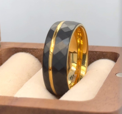 Black & Gold Tungsten Her Ring Grooved With Faceted Thanksgiving Present Band