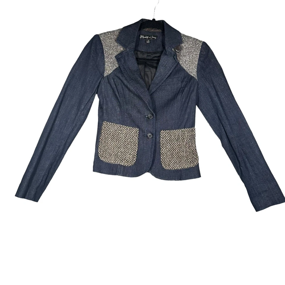 Elizabeth & James Denim Jeans Fitted Blazer Jacket Lamb Leather Elbow Patch Sz 2 - Image 2 of 4