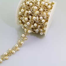 90cm Faux Pearl Rhinestone Chain Trim Bridal Wedding Ribbon Trimming DIY Craft