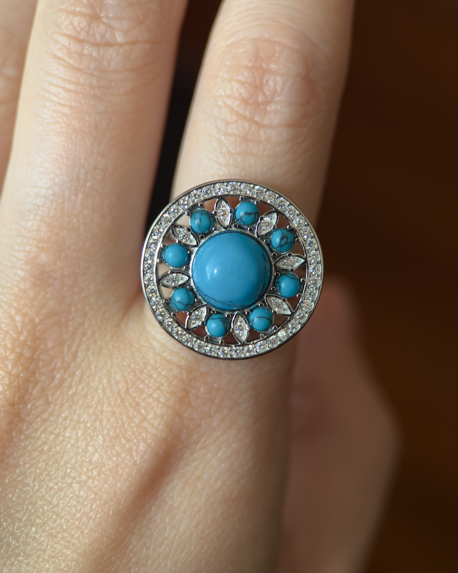 Exquisite 925 Sterling Silver Mandala Ring, Adjustable, Turquoise CZ  Detail