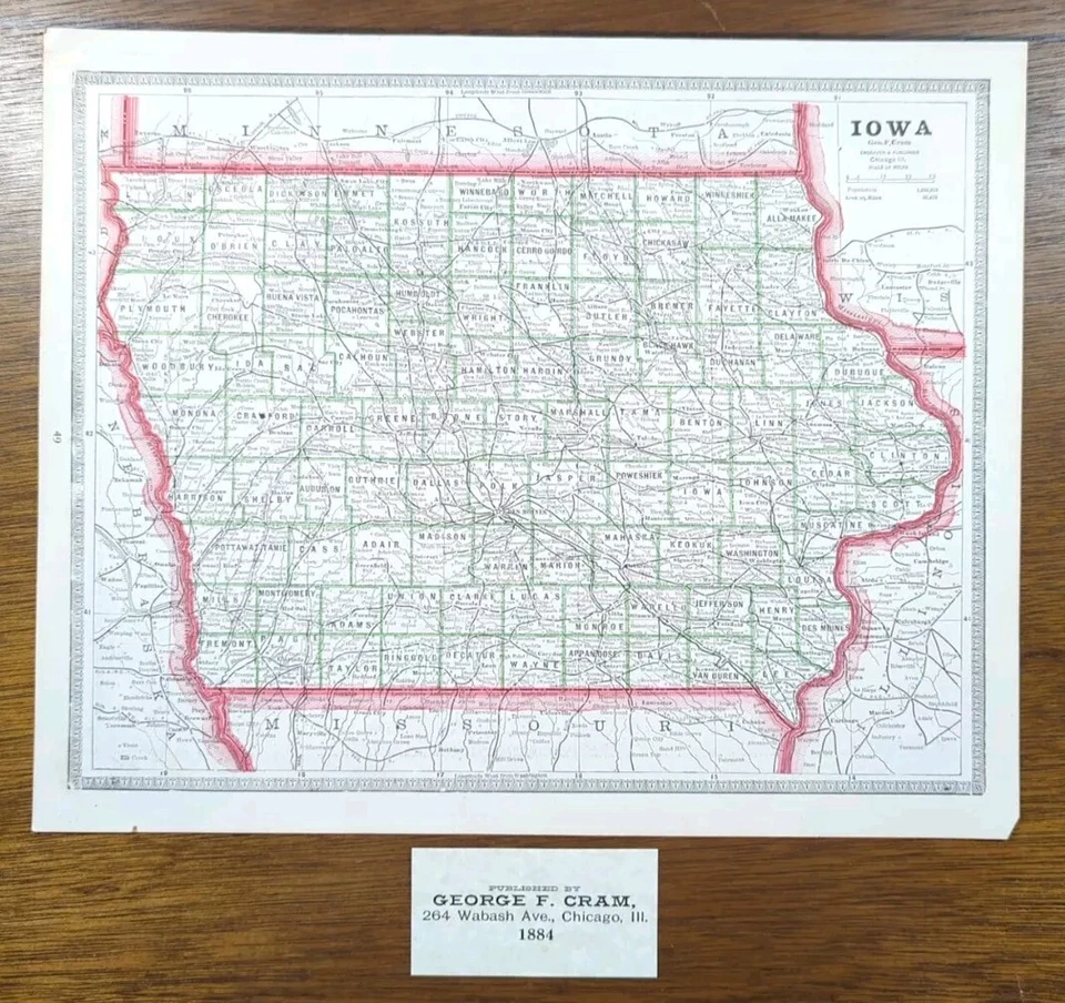 Vintage 1884 IOWA Map 13"x11" Old Antique Original DES MOINES IOWA CITY WATERLOO - Image 2 of 4