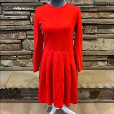 J. Crew Pleated Red Knit Long Sleeve Crewneck Dress