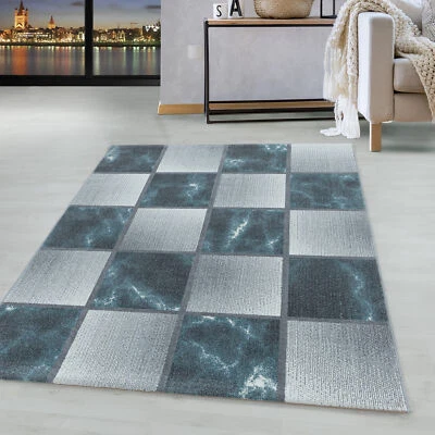 Kurzflor Teppich Blau Grau Quadrat Muster Marmoriert Wohnzimmerteppich Weich - Bild 1 von 4