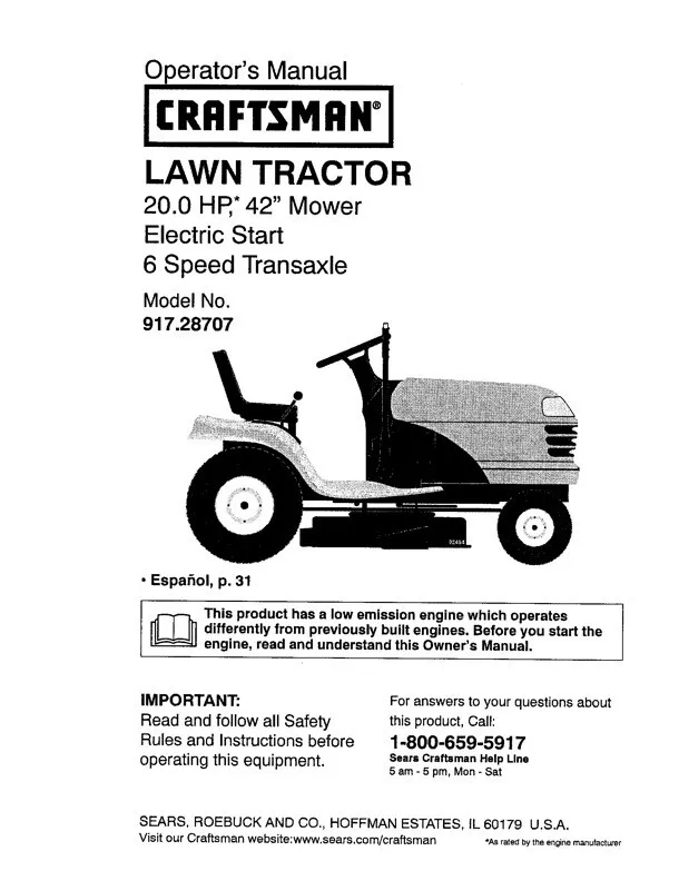 Owner s Manual Sears Craftsman 20.0 HP Lawn Tractor 42 Mower