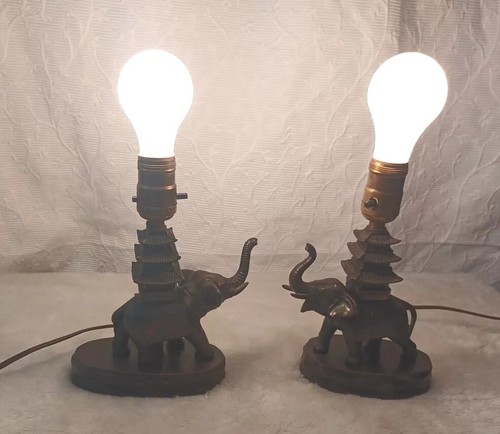 Vintage Pair Of 2 Elephant Metal Wood Base lamp pair working MCM BOHO - Picture 8 of 18