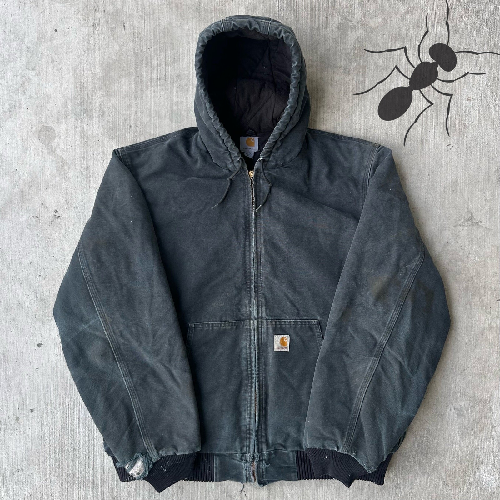 Vintage Y2K Carhartt Black Quilted Hooded Work Jacket Retro Style