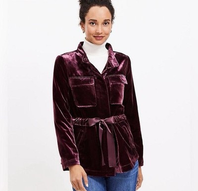 LOFT Crushed Mauve Berry Velvet Utility Jacket Button Front Tie Size Small