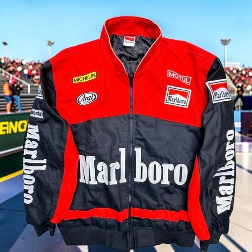 Marlboro Racing Jacket Mens Large Red Black New Vtg Rebuilt Embroidered Bomber video thumbnail