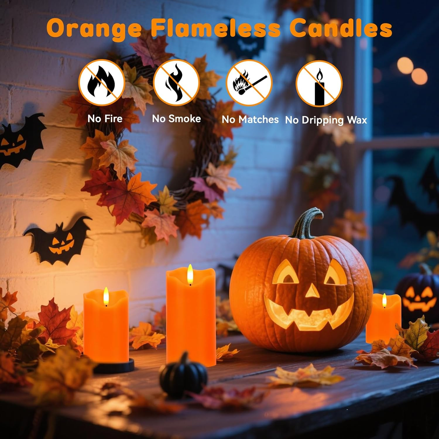 Flameless Candles Lights, Set of 3 Orange Flickering LED Candles with Remote & T