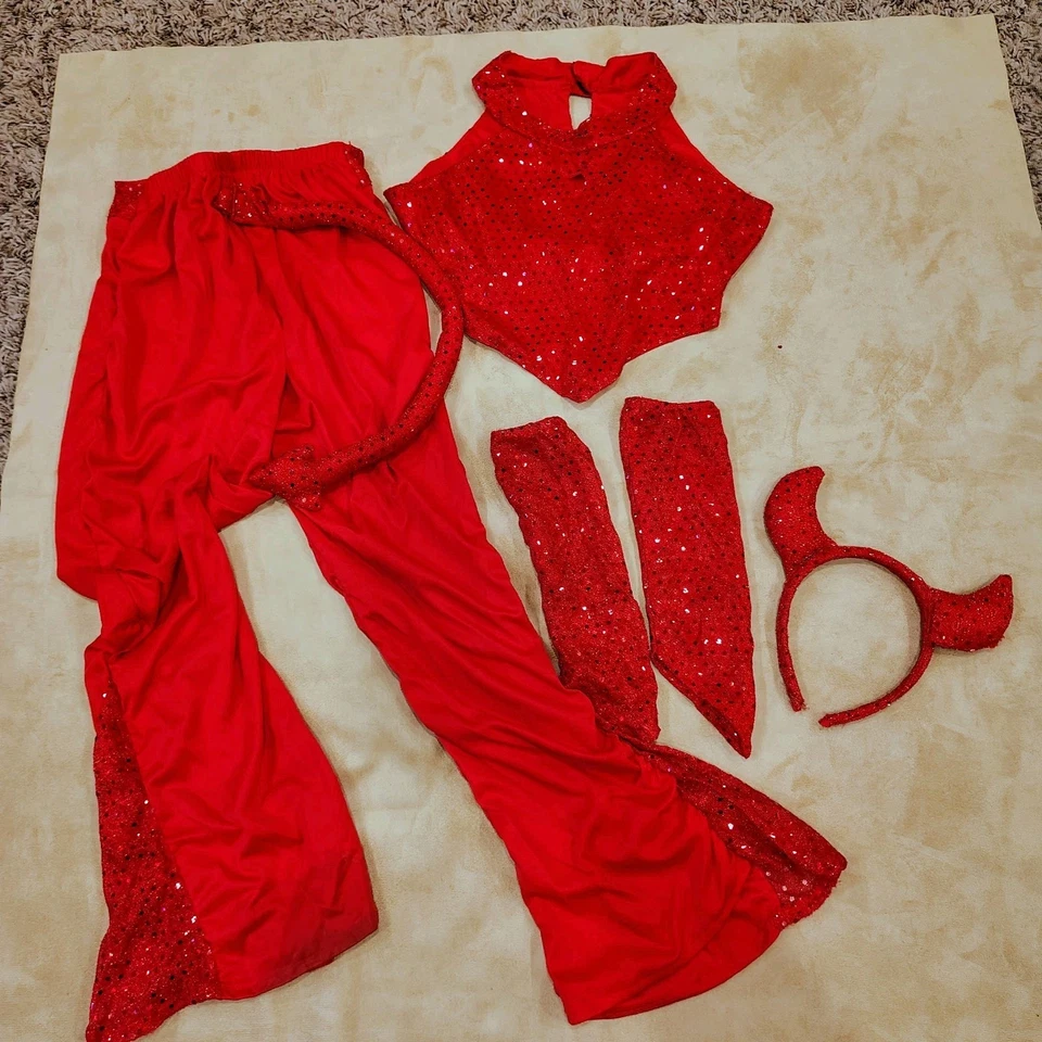 Disfraz de niña diablo lentejuelas rojas grande Halloween 6 piezas B71 Foto 4 de 4