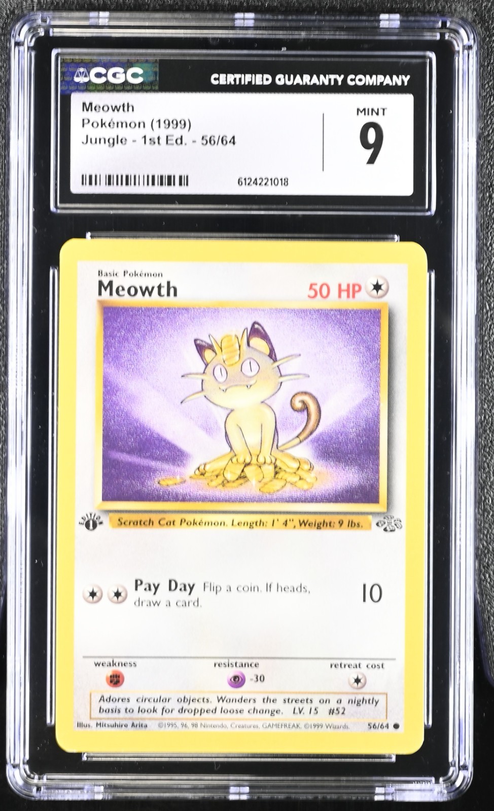 1st Edition Pokémon English Meowth 56/64 1999 Jungle - 1st Edition Vintage CGC 9